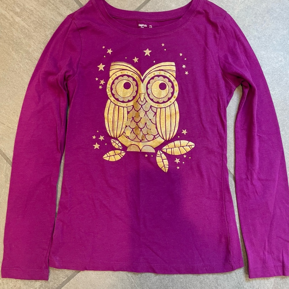GAP Kids Long Sleeve Shirt with Gold Owl Design Size Large
